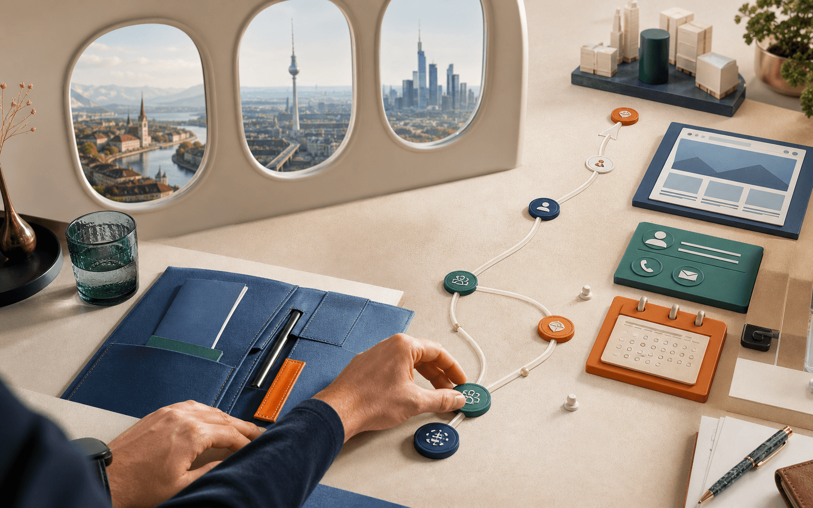 DACH market-entry routing desk with three city views and connected website, contact and booking modules